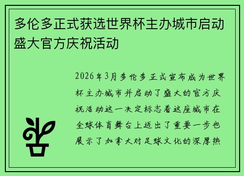 多伦多正式获选世界杯主办城市启动盛大官方庆祝活动